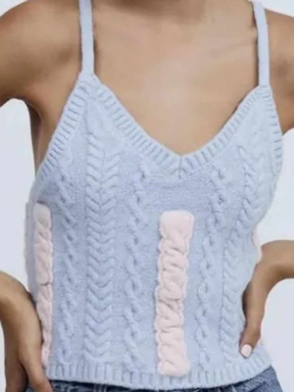 For Love & Lemons Paige Cable Knit Panel Crop Cami Top Blue Pink Size XS
